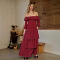 Red plaid off-the-shoulder maxi dress with smocked bodice and layered cake skirt style - S / Red