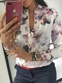 Slim fit women's long sleeve white blouse with purple floral print and V-neck gold buttons - S / As Shown