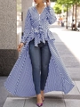 Detail of blue and white striped shirt dress with V-neck and asymmetrical high-low hem - S / Blue