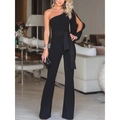 Elegant black one-shoulder jumpsuit with waist tie and flared leg trousers in a modern room - S / Black