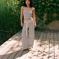 Two-piece summer set with black and white striped tube top and high waist wide leg pants - S / White Zirconia Set