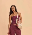 Women's two-piece set featuring purple striped tube top and matching pants - S / Purple Red Top