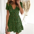 Summer V-neck leopard print mini dress in bright green with ruffled hem for women - S / Green