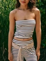 Women's two-piece set featuring striped tube top and pants with woven belt - S / White Top