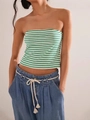 Summer green and white striped tube top with knit fabric paired with casual denim jeans - S / Green Top