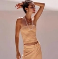 Two-piece summer set with striped tube top and matching skirt in beige and brown - S / Orange Top