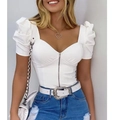 Top bianco attillato con maniche a sbuffo, scollo a cuore e zip anteriore - Taglia S / Top / Bianco