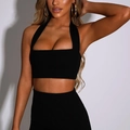 Sexy black halter neck crop top and high waist skirt set for women's spring fashion - S / Black