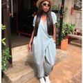 Women's casual short sleeve deep V-neck wrap jumpsuit with side tie in light blue fabric - XL / Gray