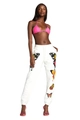 Detail of vibrant butterfly print on white jogger pants with pink bikini top styling - S / Bottoms / White