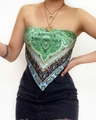 Detail of paisley print bandeau scarf top showing intricate green and blue patterns - S / Green