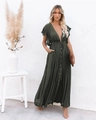 Detailed close-up of dark green V-neck dress featuring buttons and ruffled sleeve texture - S / Army Green