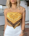 Detail of golden bandana top with baroque paisley pattern and triangular hem - S / Yellow