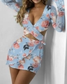 Detail of floral long sleeve crop top with criss-cross bandages and matching mini skirt - Blue Rose