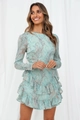 Detail showing mint green leaf print chiffon dress with multi-layer ruffle hem and long sleeves - Light Green