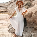 Elegant white V-neck boho maxi dress with ruffle sleeves and high waist for beach vacation - S / White