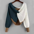 Women's multi-color knit sweater with twist-knot front and long sleeves on a hanger - Green White Khaki