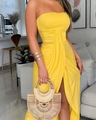 Close-up of ruched waist and high side slit on a yellow off-shoulder maxi dress - S / Yellow