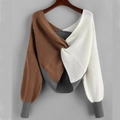 Three-color patchwork knit sweater with twist front detail and ribbed cuffs - Khaki White Gray