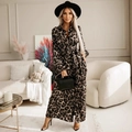 Long-sleeved leopard print maxi shirt dress with waist tie and front buttons - Leopard Print