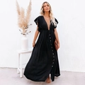 Elegant black V-neck maxi dress with ruffle sleeves and wooden buttons for women - S / Black