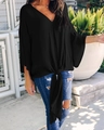 Black V-neck chiffon blouse with tie-front hem and flutter sleeves for casual wear - S / Black