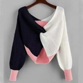 Pull en maille tricolore avec motif torsadé et décolleté en V profond pour femme - S / Marine Blanc Rose