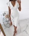 Detail of white deep V-neck dress featuring ruffled sleeves and side pleated accents - White