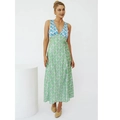 Detail of color-block high-waist maxi dress featuring blue and green floral prints - S / Green Floral