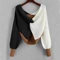 Women's color-block knit sweater with twist front detail and deep V-neckline - Black White Khaki