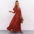 Bohemian rust red maxi dress with V-neckline, drawstring waist and ruffle sleeves - S / Orange