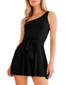 Detail of elegant one-shoulder black romper with large waist bow and ruffle hemline - S / Black