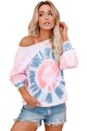 Damen Sweatshirt mit Off-Shoulder-Schnitt in Pink und Blaugrau mit Batikmuster - S / Rosa