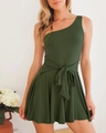 Detail of dark green one-shoulder romper with tie-waist and ruffled hemline - S / Army Green