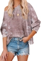 Damen Tie-Dye Sweatshirt in Graubraun und Weiß mit schulterfreiem Design und lockerer Passform - S / Taro-Lila