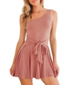 Detail of the waist tie-up bow and ruffled hem on a pink one-shoulder romper dress - S / Pink