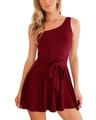 Detail of burgundy one-shoulder jumpsuit with adjustable waist tie and ruffled hemline - S / Burgundy