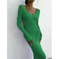 Slim fit bright green V-neck ribbed knit midi dress with long sleeves for women - Verdant