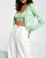 Fashionable green swirl pattern knit cardigan with matching crop top and white jeans - One Size / Light Green