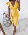 Slim fit yellow deep V-neck dress with ruffles and sleek satin finish for women - Yellow