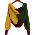 Contrast color knit sweater with twist-waist design in yellow, green and burgundy - Yellow Green Red