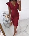 Deep V-neck ruffled wine red cocktail dress with side ruching and elegant flounce hem - Burgundy