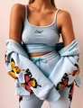 Light blue 3-piece loungewear set with butterfly print and ribbed vest embroidery - S / Bottoms / Sky Blue