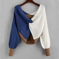 Pull en maille tricolore avec torsion à l'avant et manches lanternes bouffantes - S / Bleu Blanc Khaki