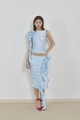 Dettaglio di fiori 3D e frange su un completo gonna in mesh azzurro per donna - Taglia S / Top E Pantaloni / Azzurro
