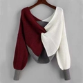 Pull en maille tricolore pour femme avec nœud à la taille en bordeaux, blanc et gris - S / Rouge Blanc Gris