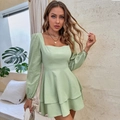 Light green tiered summer dress with puff sleeves and square neckline for women - S / Light Green