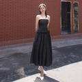 Elegant black strapless ruffle mini dress with pleated bodice and flared A-line skirt - S / Black