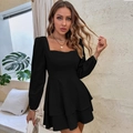Elegant black long-sleeve tiered dress with square neck and backless bow tie detail - S / Black