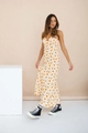 White floral high-waist maxi dress with yellow patterns and delicate V-neck straps - S / Daisy Coffee